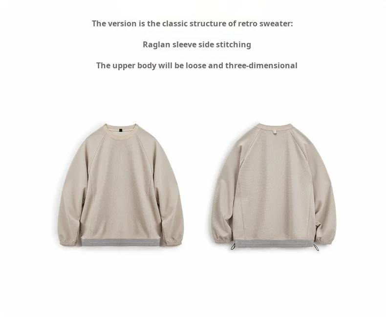 Maden Men‘s Casual Waffle Weave Sweatshirt Loose Fit Crew Neck Pullover Contrasting Drawstring Hem Casual Outerwear Spring Fall