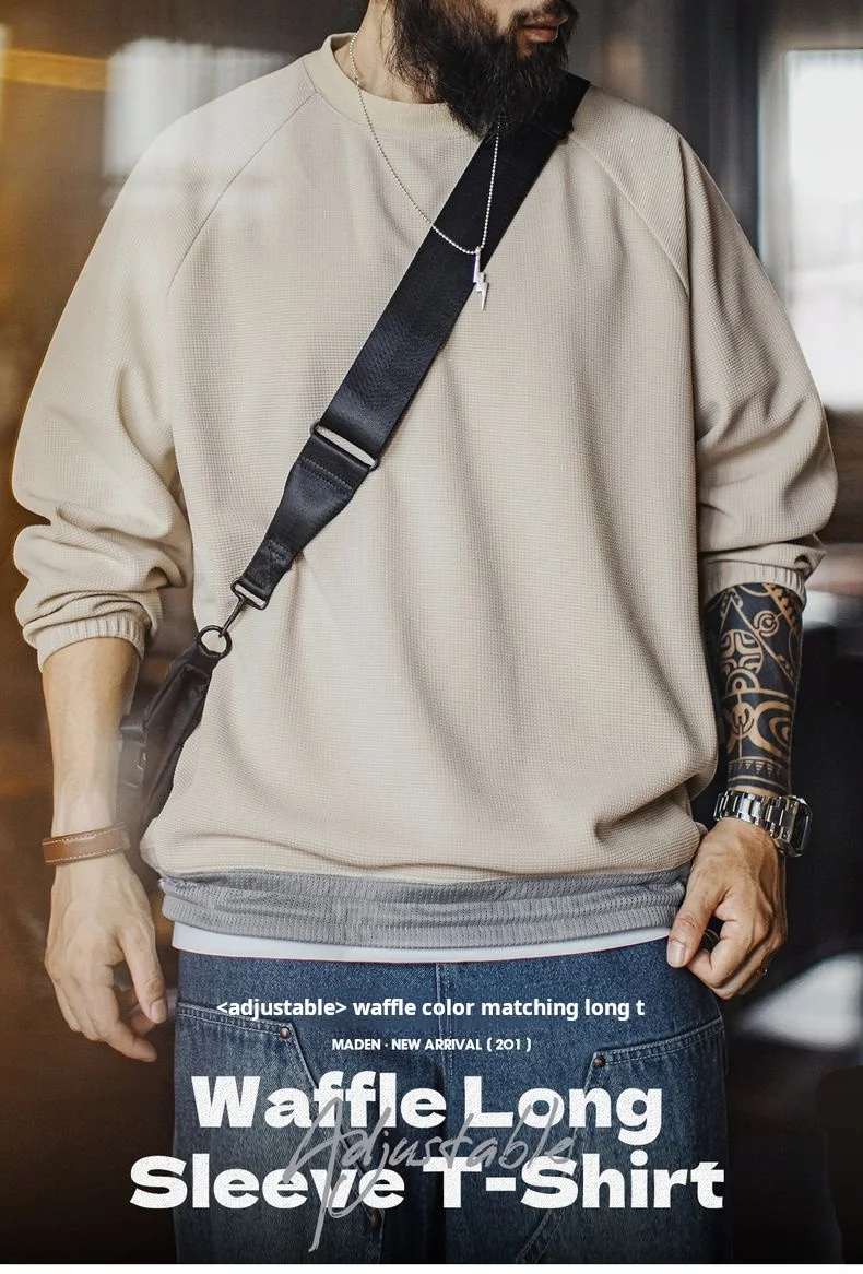 Maden Men‘s Casual Waffle Weave Sweatshirt Loose Fit Crew Neck Pullover Contrasting Drawstring Hem Casual Outerwear Spring Fall