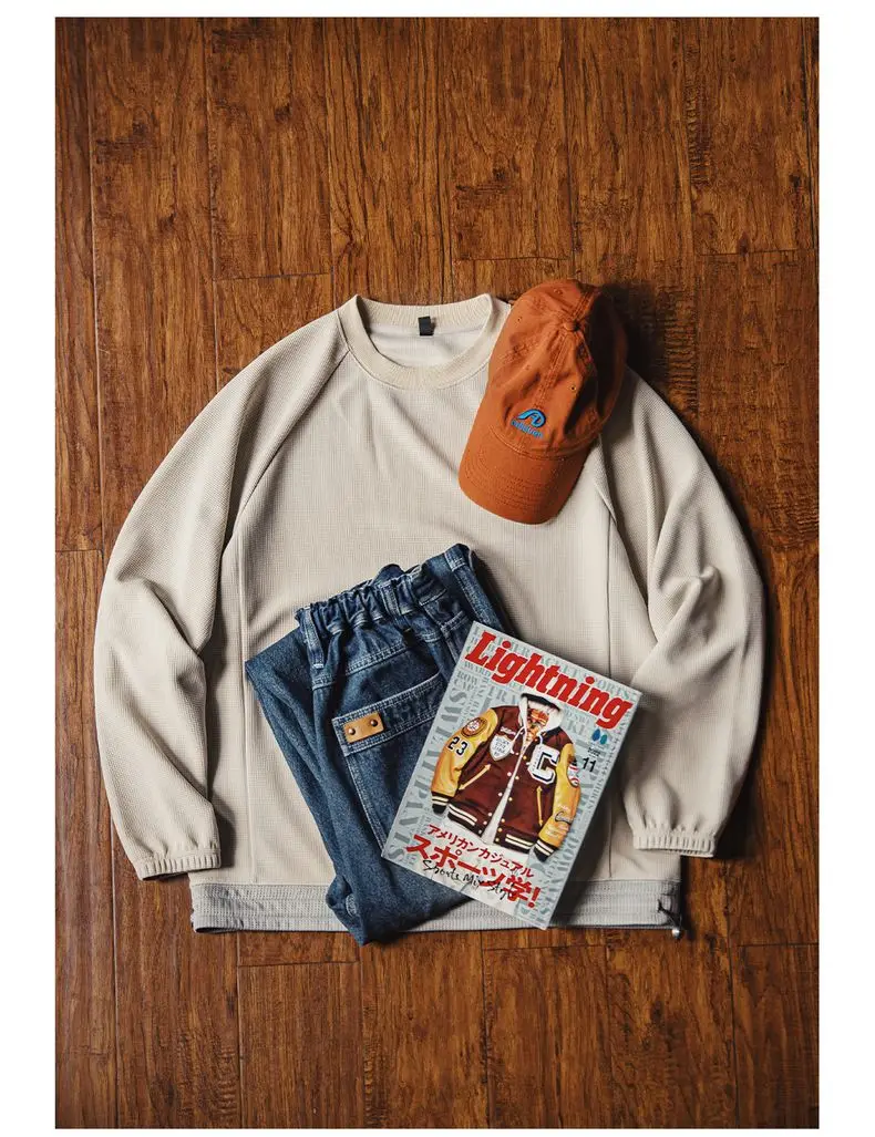 Maden Men‘s Casual Waffle Weave Sweatshirt Loose Fit Crew Neck Pullover Contrasting Drawstring Hem Casual Outerwear Spring Fall