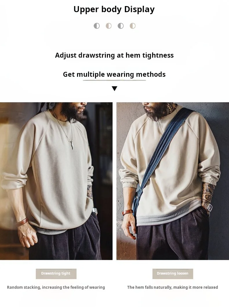 Maden Men‘s Casual Waffle Weave Sweatshirt Loose Fit Crew Neck Pullover Contrasting Drawstring Hem Casual Outerwear Spring Fall