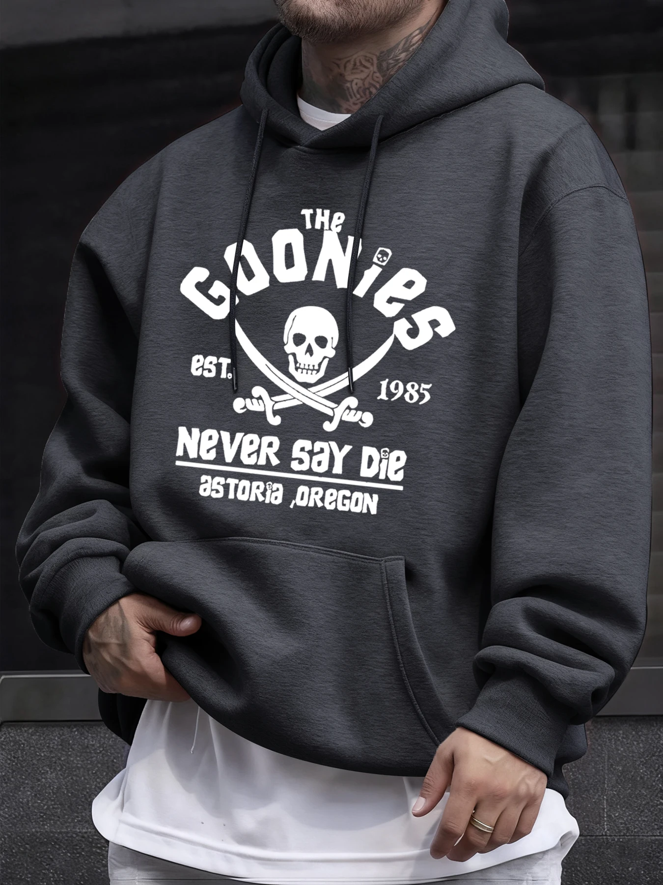 Distressed Goonies Never Say Die Mens Sweatshirt Fashion Casual Hoodies Soft Loose Pullovers Fleece Autumn Unisex Clothing