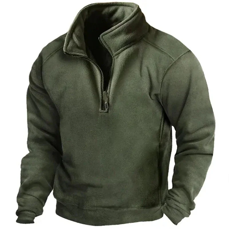 2026 Mens Half-Zip Sweatshirts Autumn Male Stand Collar Loose Solid Color Pullover New Man Trend Casual Army Green Hoodies