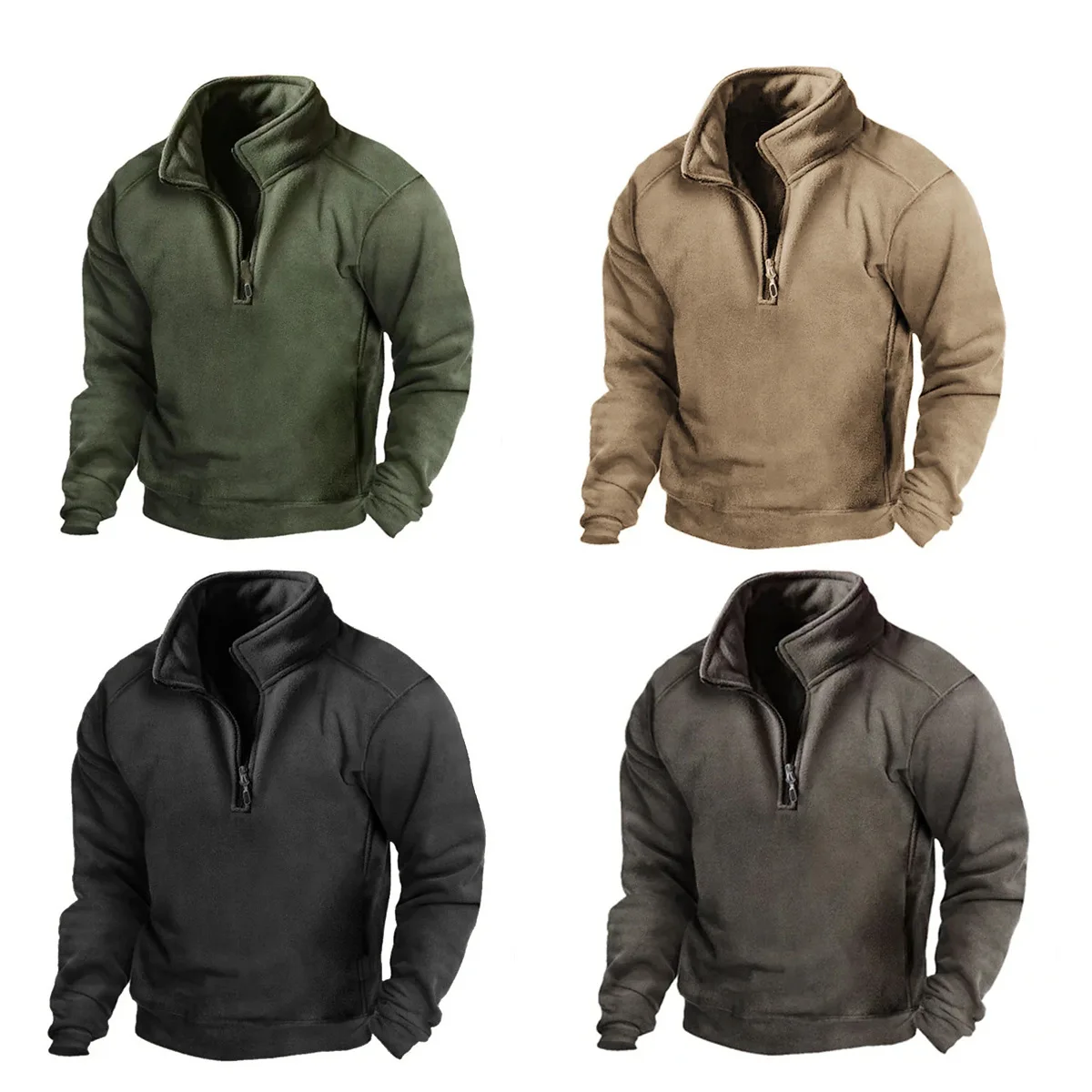 2026 Mens Half-Zip Sweatshirts Autumn Male Stand Collar Loose Solid Color Pullover New Man Trend Casual Army Green Hoodies