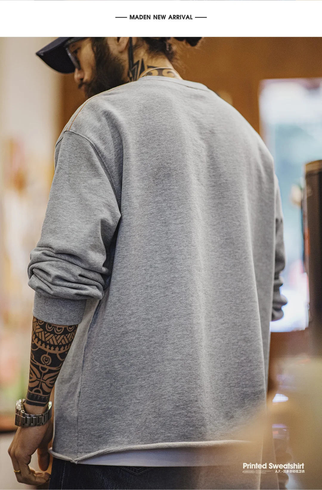 Maden Men‘s Vintage Embroidery Sweatshirt Grey Print Loose Fit Pullover Cotton Rolled Hem Long Sleeve Tee for Spring/Autumn