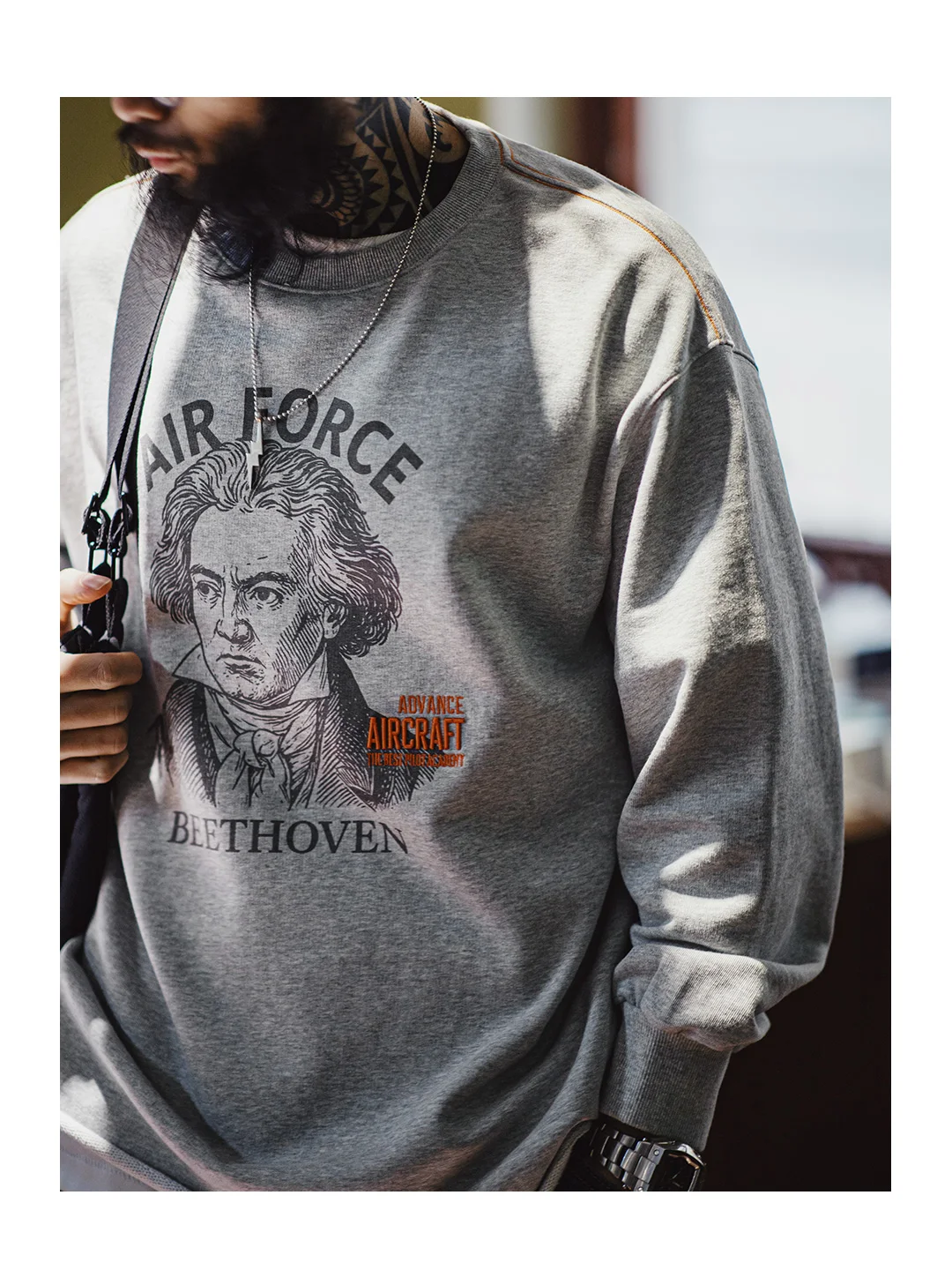 Maden Men‘s Vintage Embroidery Sweatshirt Grey Print Loose Fit Pullover Cotton Rolled Hem Long Sleeve Tee for Spring/Autumn