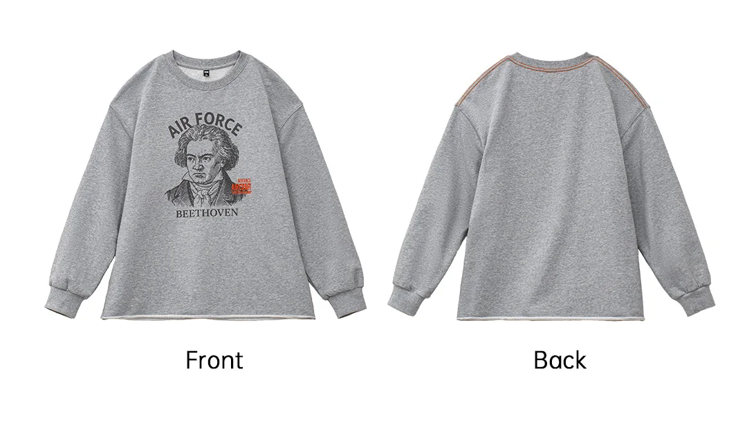 Maden Men‘s Vintage Embroidery Sweatshirt Grey Print Loose Fit Pullover Cotton Rolled Hem Long Sleeve Tee for Spring/Autumn