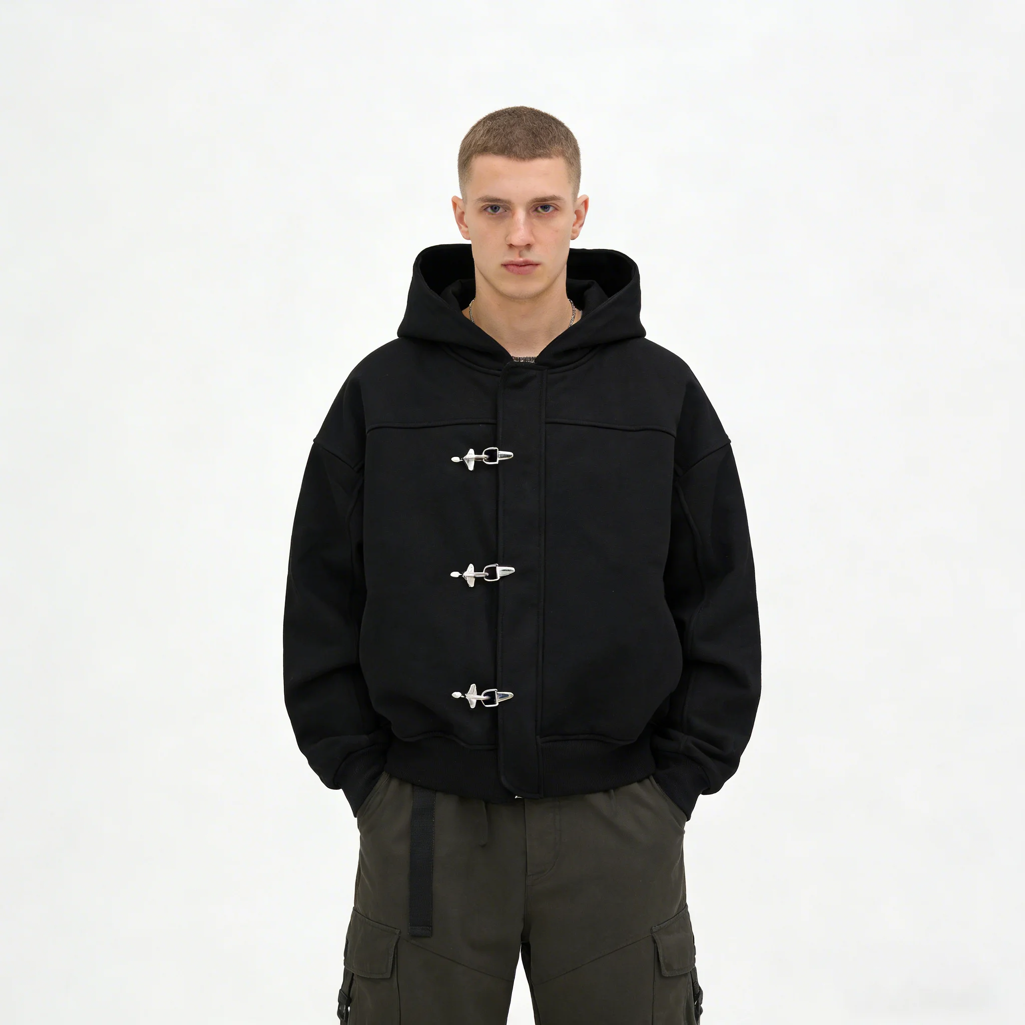 Fashionable American Retro Hoodie Y2k Design Sense High Street Personality Button Solid Color Long Sleeve Pullover Hoodie Jacket