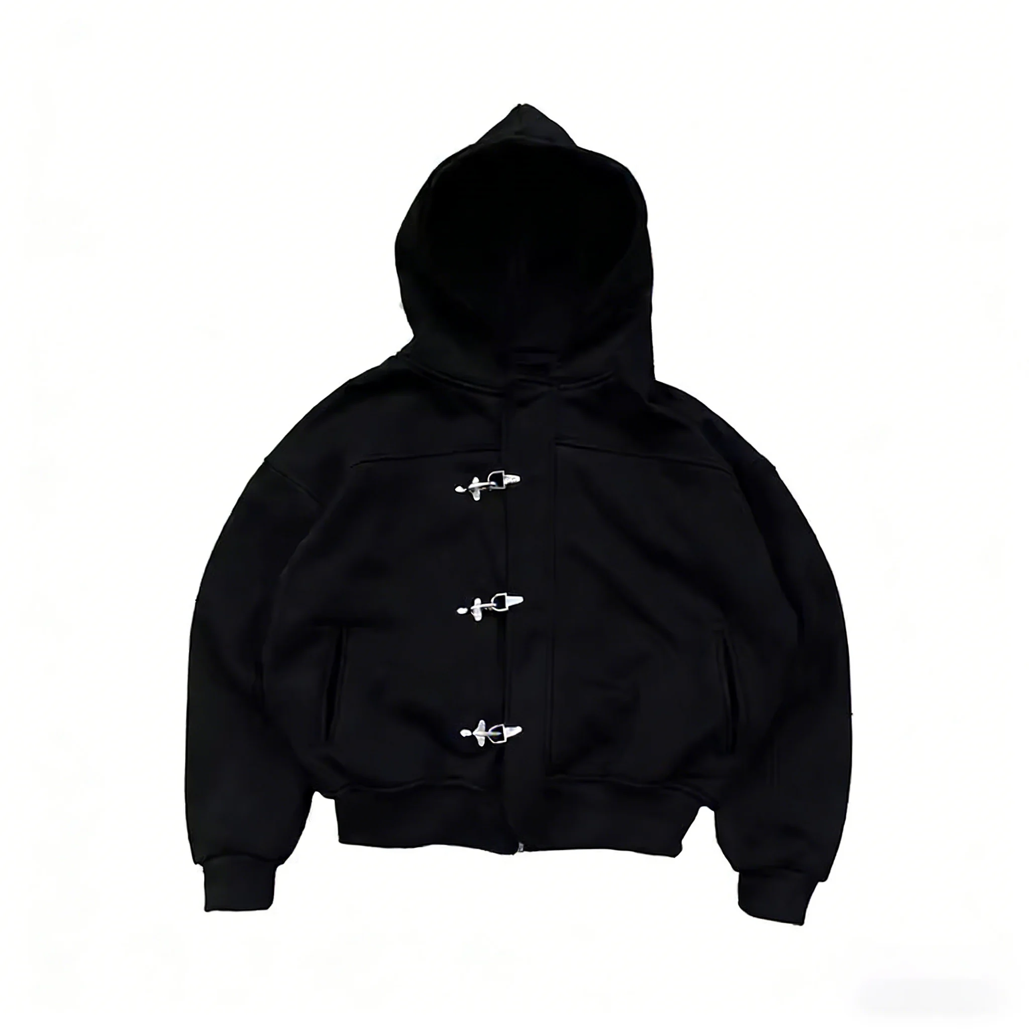 Fashionable American Retro Hoodie Y2k Design Sense High Street Personality Button Solid Color Long Sleeve Pullover Hoodie Jacket