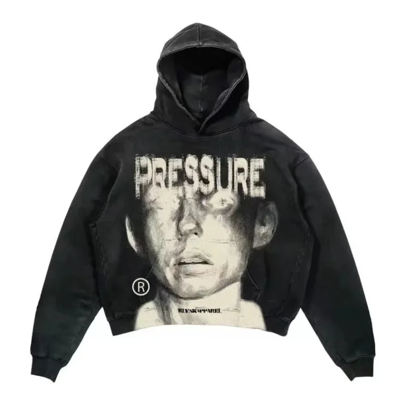 Men Winter y2k Goth Harajuku American street lettering portrait printed wash hoodie couple fashion casual oversized sweatshirt