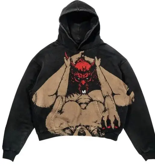 Men Winter y2k Goth Harajuku American street lettering portrait printed wash hoodie couple fashion casual oversized sweatshirt