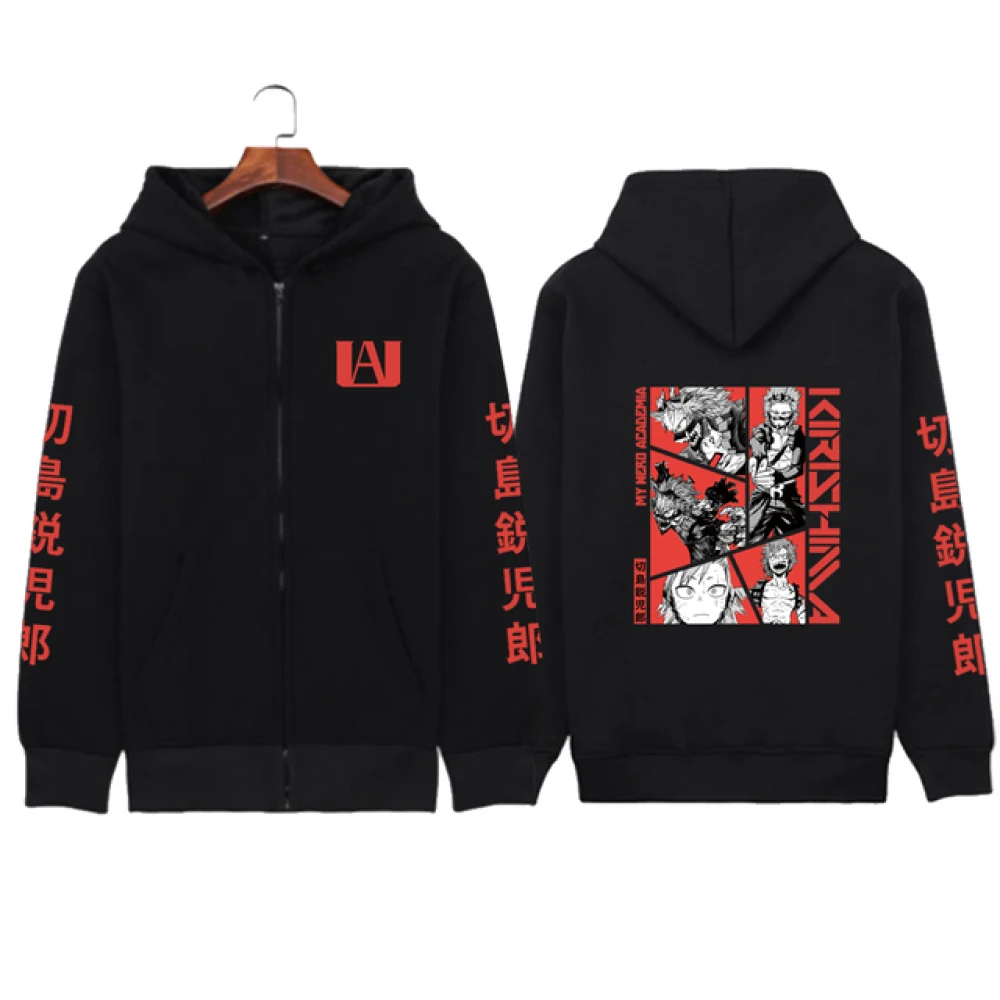 Funny Anime Kirishima Eijiro My Hero Academia Hoodie Zipper Fashion Streetwear Pullovers Loose Unisex Zip Up Jackets Outerwear