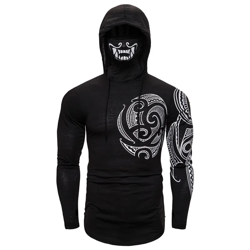Men Trend With Mask Hood Sweatshirt Elastic Fitness Tattoo Print Hooded Sweat Homme Mens Hip Hop Sudadera Ninja Suit Streetwear