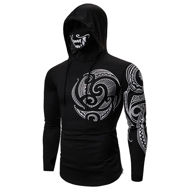 Men Trend With Mask Hood Sweatshirt Elastic Fitness Tattoo Print Hooded Sweat Homme Mens Hip Hop Sudadera Ninja Suit Streetwear
