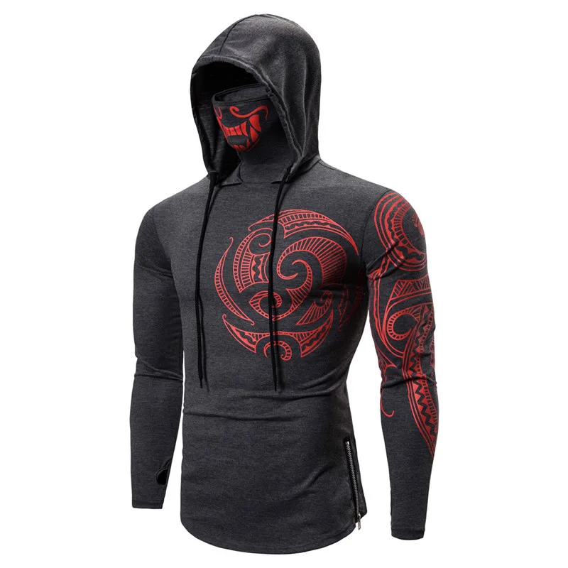 Men Trend With Mask Hood Sweatshirt Elastic Fitness Tattoo Print Hooded Sweat Homme Mens Hip Hop Sudadera Ninja Suit Streetwear
