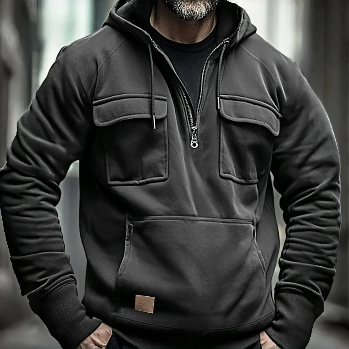 Men's Casual Sports Hooded Sweatshirt New Style Outdoor Thick Fashionable Loose Long-Sleeved Pullover with Multiple Pockets