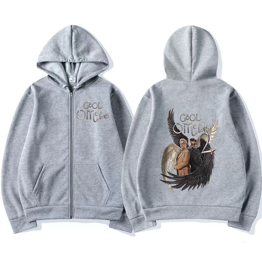 Good Omens Zipper Hoodies Men Fashion Vintage Zip Up Hooded Sweatshirt Unisex Casual Loose Oversized Pullovers Jacket Streetwear