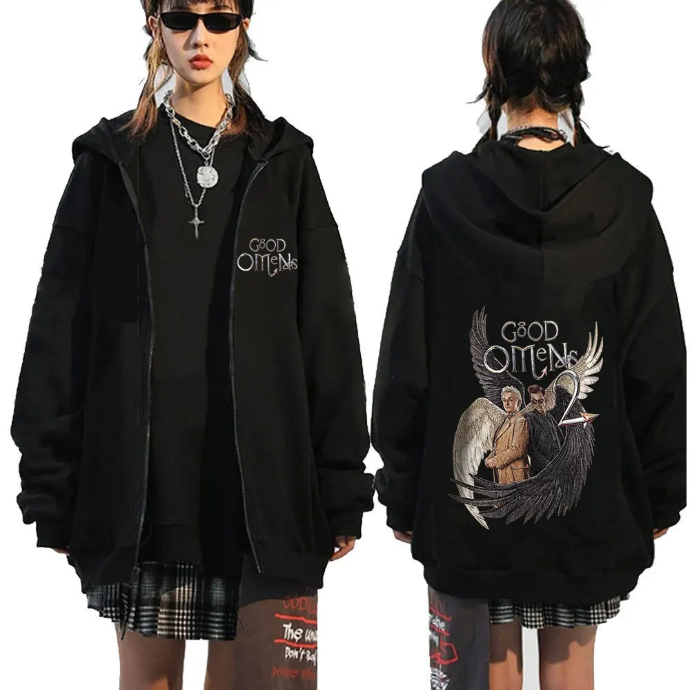 Good Omens Zipper Hoodies Men Fashion Vintage Zip Up Hooded Sweatshirt Unisex Casual Loose Oversized Pullovers Jacket Streetwear
