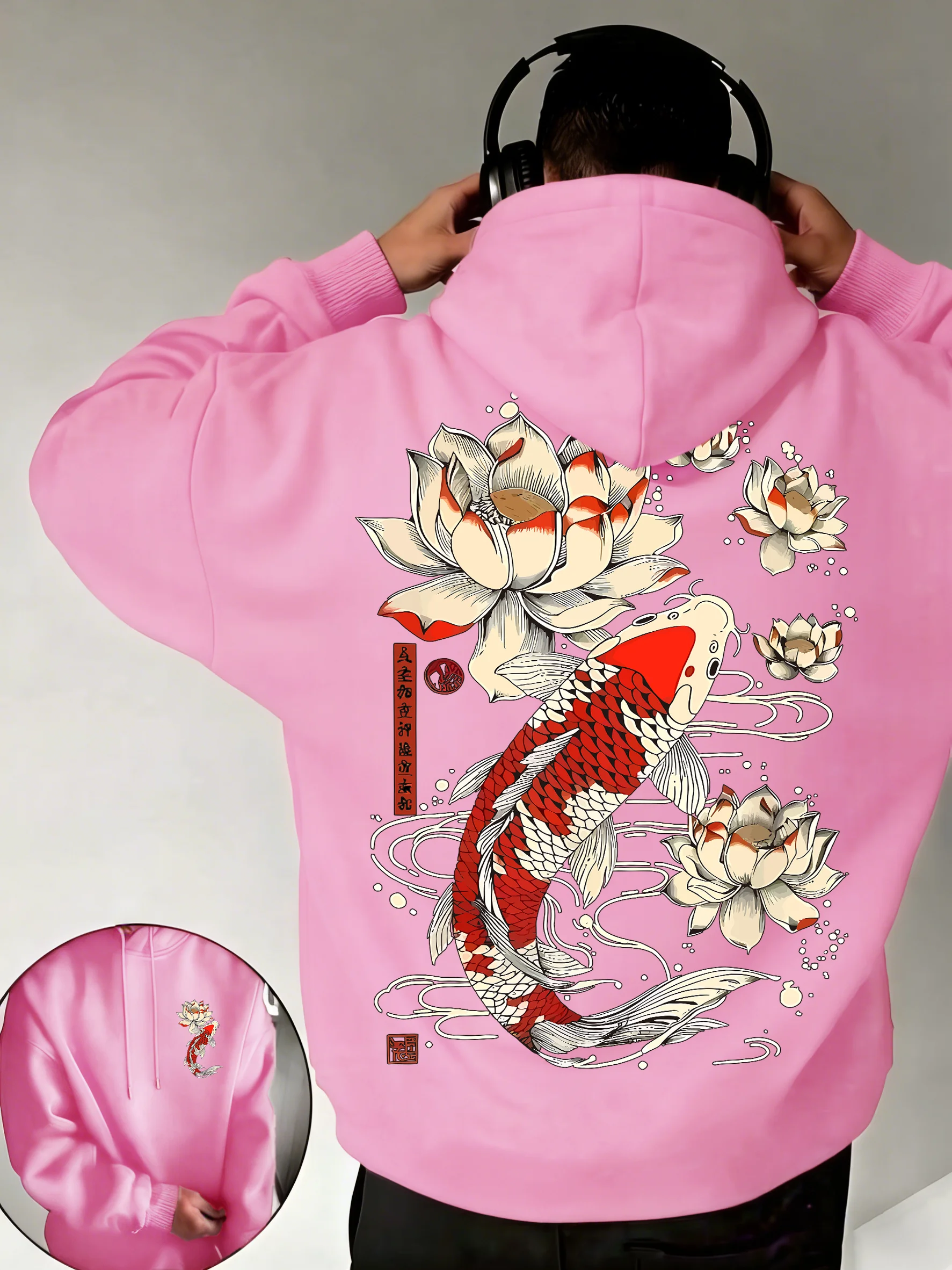Beautiful Japanese Lotus Koi Prints Daily Comfy Hooded Casual Basics Clothing Autumn Pocket Streetwear Classic Loose Pullovers