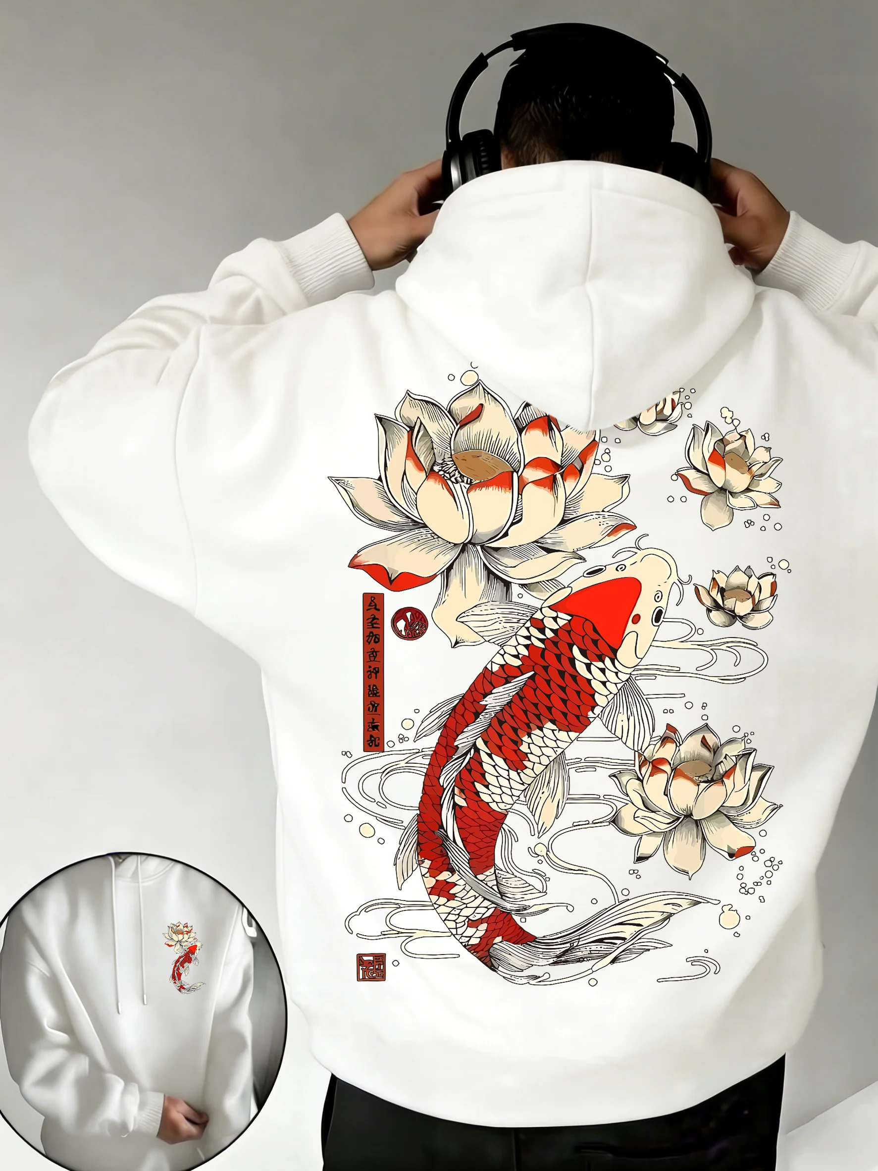 Beautiful Japanese Lotus Koi Prints Daily Comfy Hooded Casual Basics Clothing Autumn Pocket Streetwear Classic Loose Pullovers