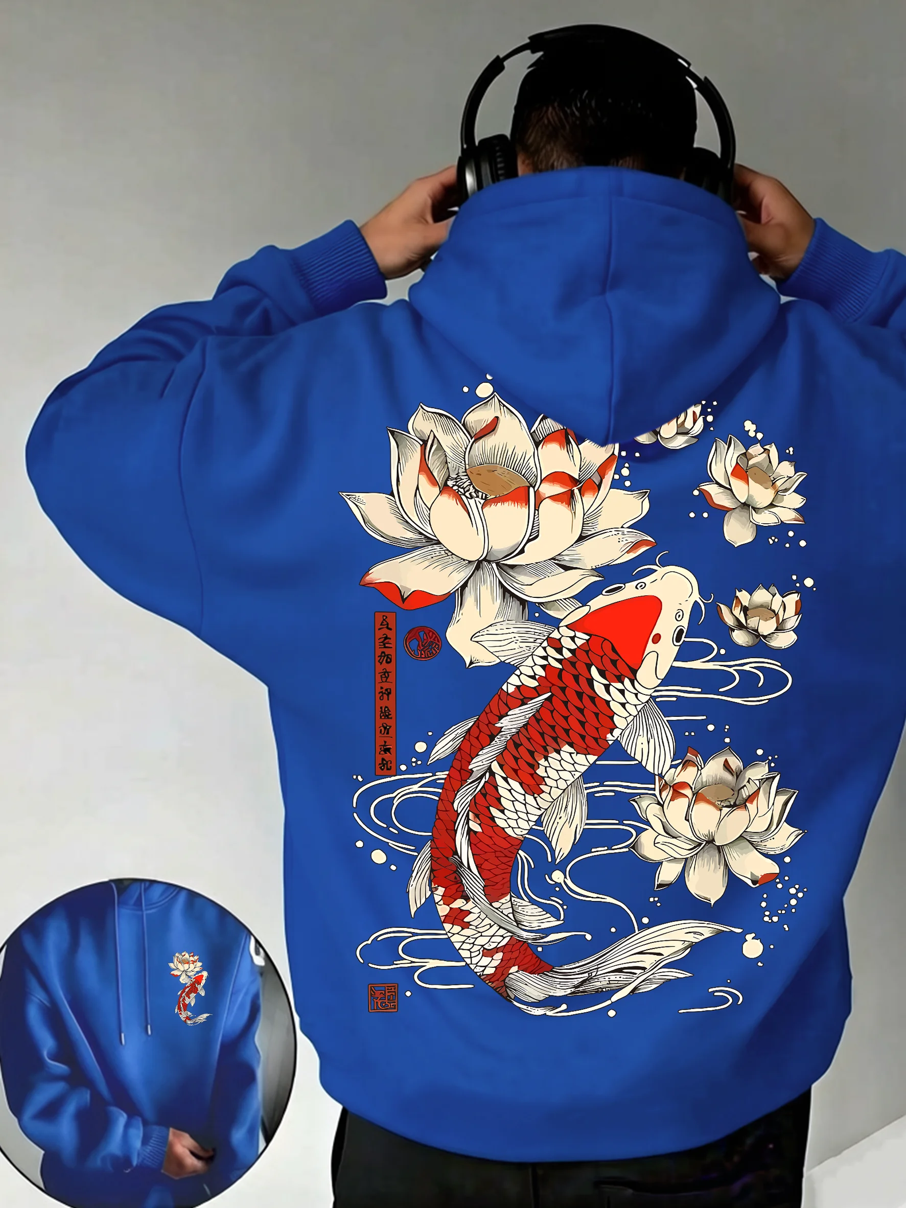 Beautiful Japanese Lotus Koi Prints Daily Comfy Hooded Casual Basics Clothing Autumn Pocket Streetwear Classic Loose Pullovers