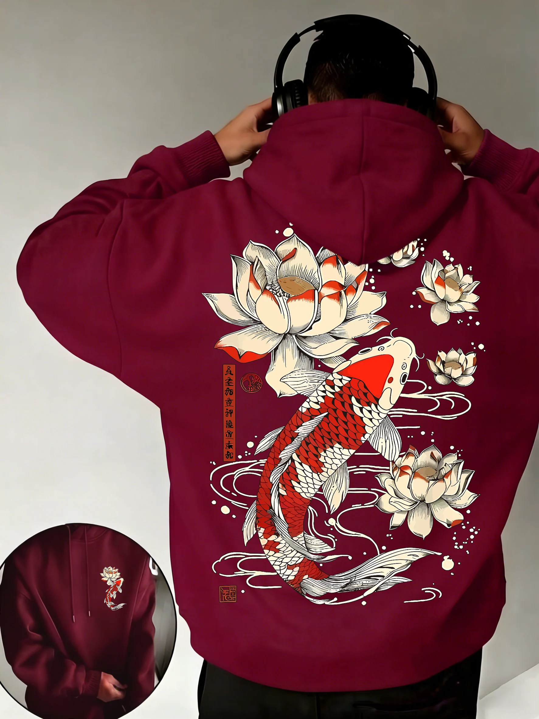 Beautiful Japanese Lotus Koi Prints Daily Comfy Hooded Casual Basics Clothing Autumn Pocket Streetwear Classic Loose Pullovers