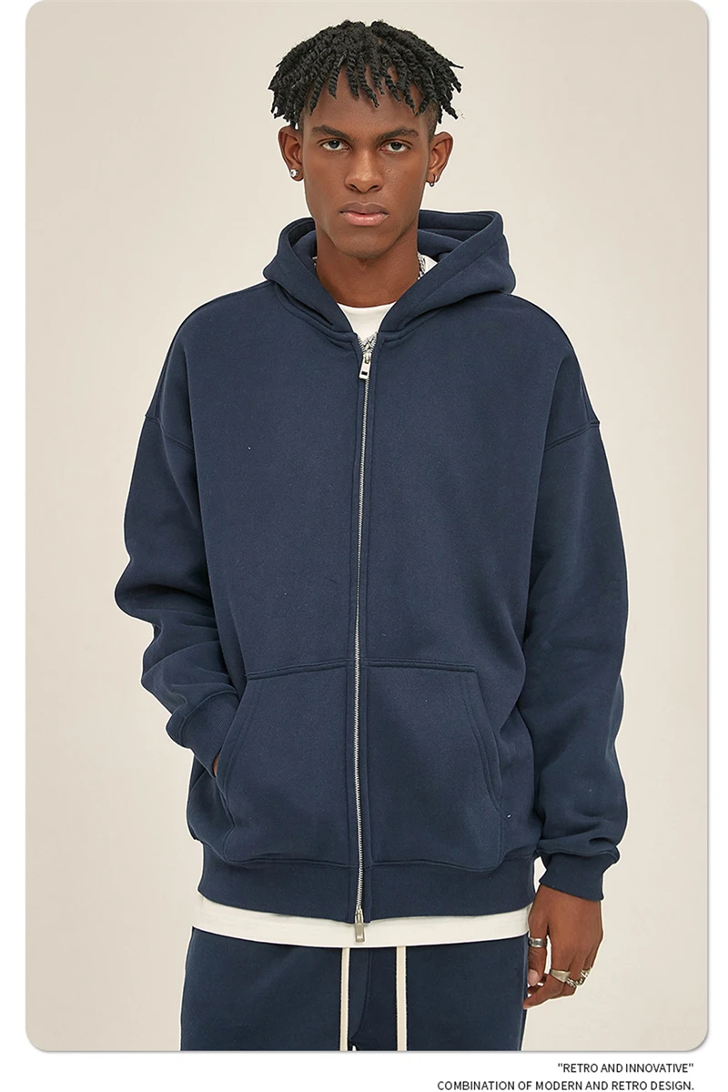 ZODF New Men Double Headed Zipper Fleece Hoodies Unisex Loose Basic Solid Warm Hooded Sweatshirts Coats For Winter HY0633