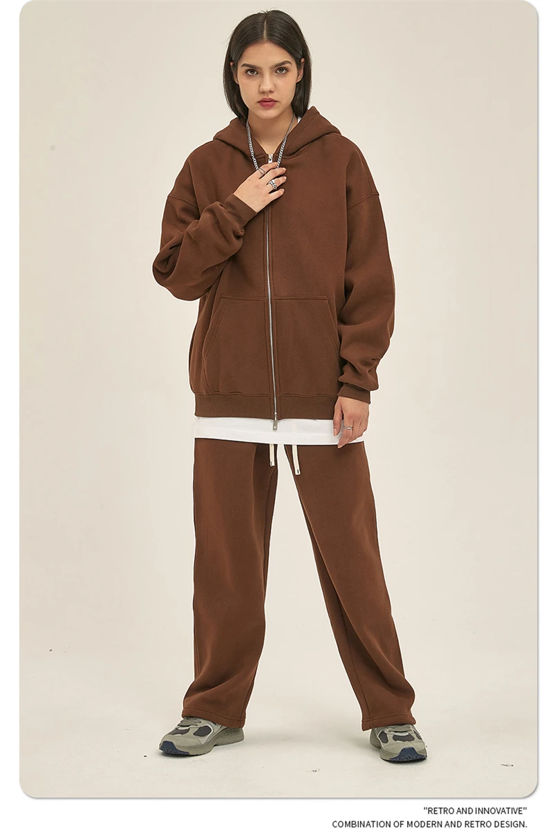 ZODF New Men Double Headed Zipper Fleece Hoodies Unisex Loose Basic Solid Warm Hooded Sweatshirts Coats For Winter HY0633