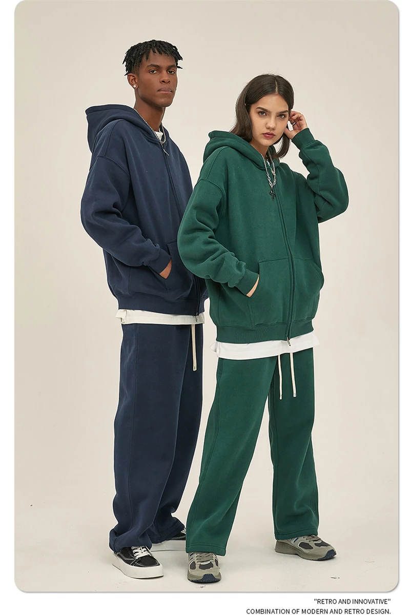 ZODF New Men Double Headed Zipper Fleece Hoodies Unisex Loose Basic Solid Warm Hooded Sweatshirts Coats For Winter HY0633