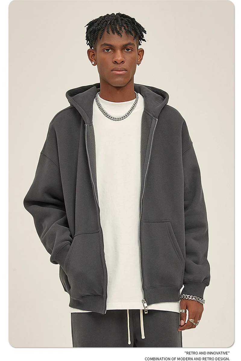 ZODF New Men Double Headed Zipper Fleece Hoodies Unisex Loose Basic Solid Warm Hooded Sweatshirts Coats For Winter HY0633