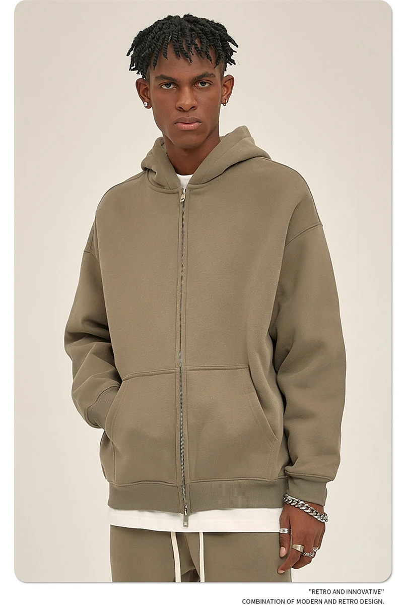 ZODF New Men Double Headed Zipper Fleece Hoodies Unisex Loose Basic Solid Warm Hooded Sweatshirts Coats For Winter HY0633