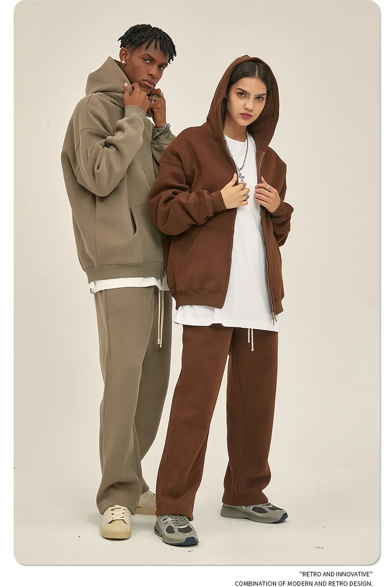 ZODF New Men Double Headed Zipper Fleece Hoodies Unisex Loose Basic Solid Warm Hooded Sweatshirts Coats For Winter HY0633