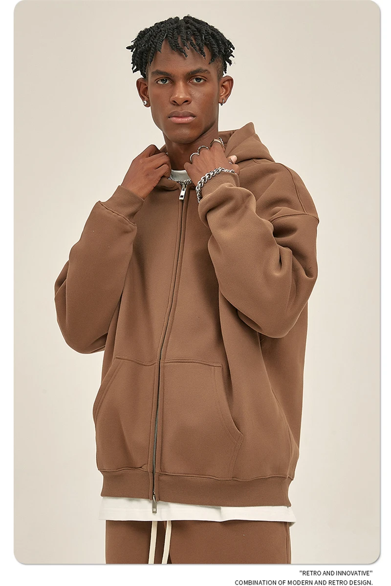 ZODF New Men Double Headed Zipper Fleece Hoodies Unisex Loose Basic Solid Warm Hooded Sweatshirts Coats For Winter HY0633