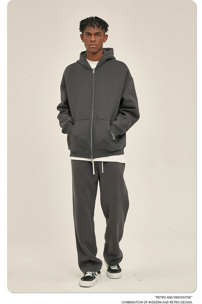 ZODF New Men Double Headed Zipper Fleece Hoodies Unisex Loose Basic Solid Warm Hooded Sweatshirts Coats For Winter HY0633