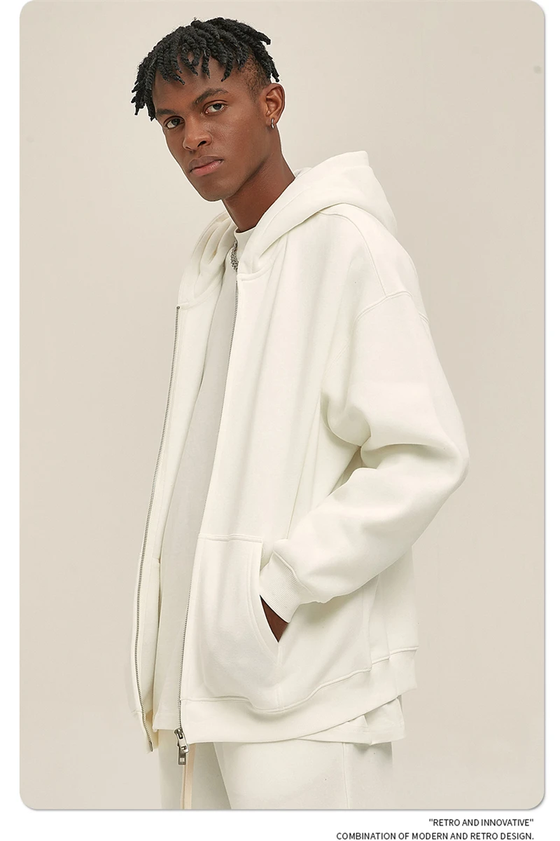 ZODF New Men Double Headed Zipper Fleece Hoodies Unisex Loose Basic Solid Warm Hooded Sweatshirts Coats For Winter HY0633