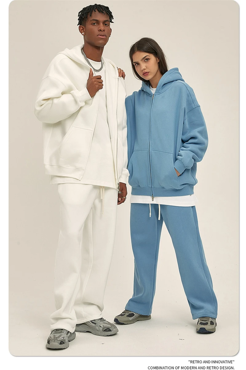 ZODF New Men Double Headed Zipper Fleece Hoodies Unisex Loose Basic Solid Warm Hooded Sweatshirts Coats For Winter HY0633