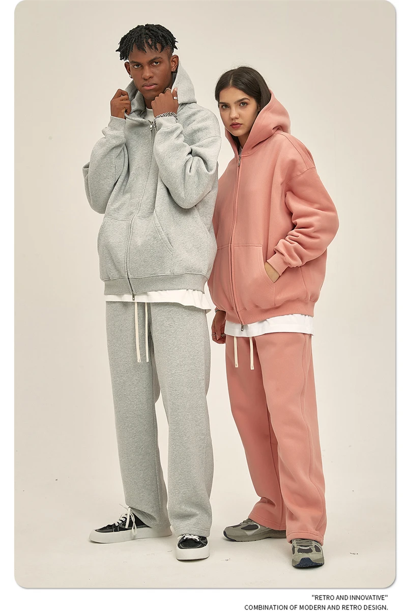 ZODF New Men Double Headed Zipper Fleece Hoodies Unisex Loose Basic Solid Warm Hooded Sweatshirts Coats For Winter HY0633