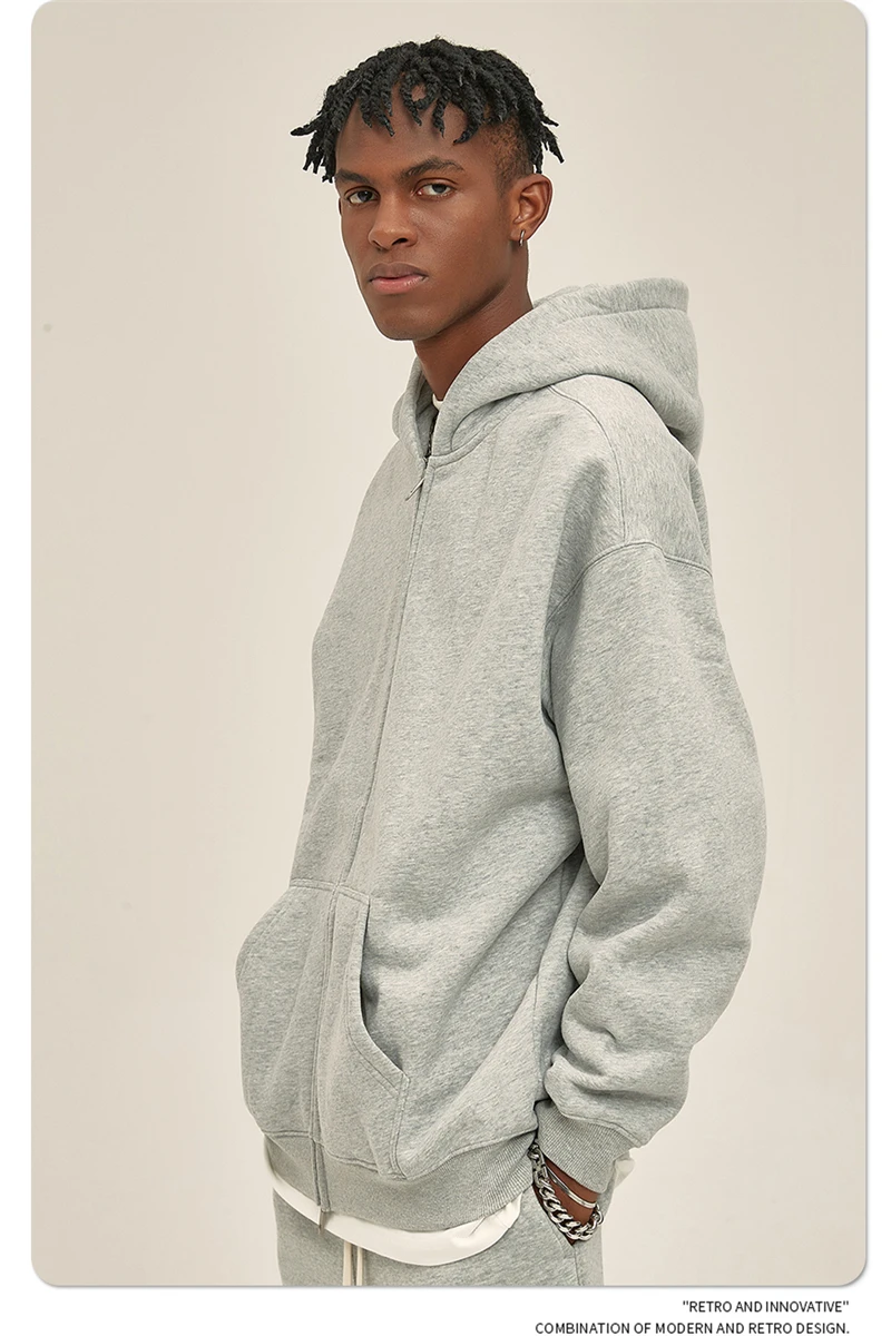 ZODF New Men Double Headed Zipper Fleece Hoodies Unisex Loose Basic Solid Warm Hooded Sweatshirts Coats For Winter HY0633