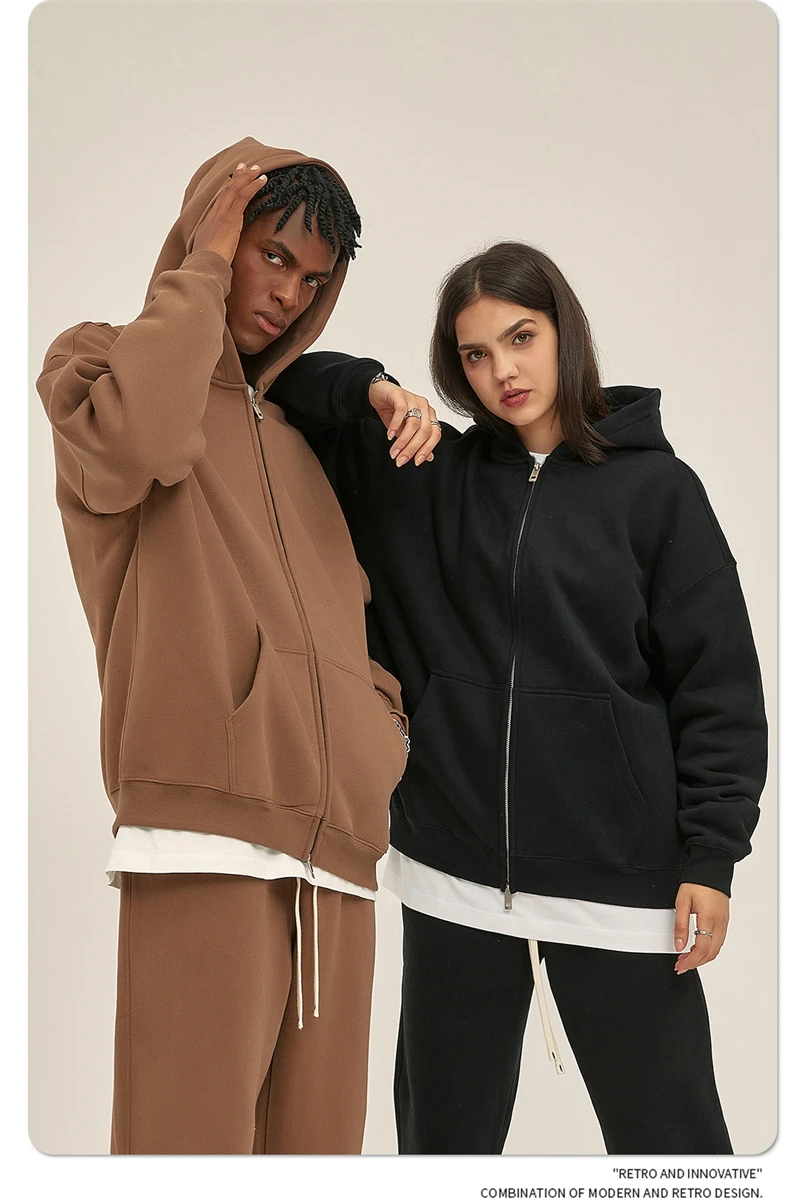 ZODF New Men Double Headed Zipper Fleece Hoodies Unisex Loose Basic Solid Warm Hooded Sweatshirts Coats For Winter HY0633