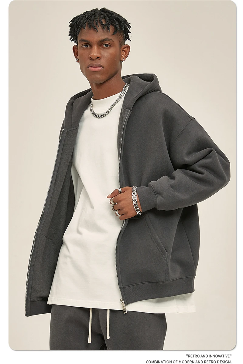 ZODF New Men Double Headed Zipper Fleece Hoodies Unisex Loose Basic Solid Warm Hooded Sweatshirts Coats For Winter HY0633