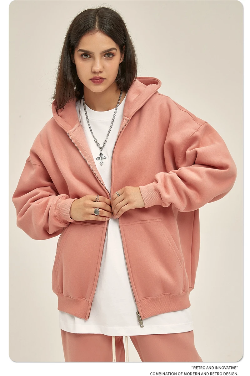 ZODF New Men Double Headed Zipper Fleece Hoodies Unisex Loose Basic Solid Warm Hooded Sweatshirts Coats For Winter HY0633