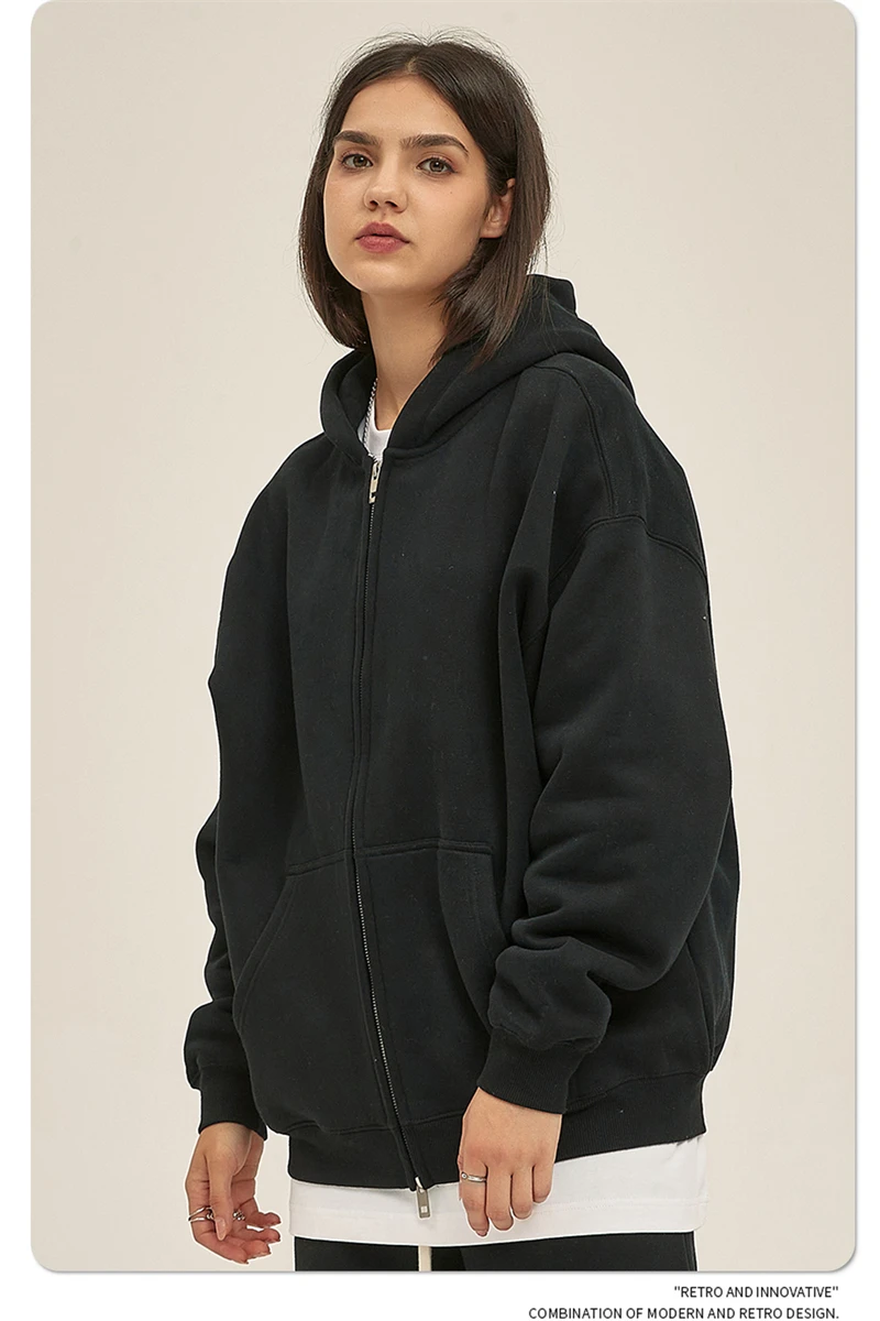 ZODF New Men Double Headed Zipper Fleece Hoodies Unisex Loose Basic Solid Warm Hooded Sweatshirts Coats For Winter HY0633