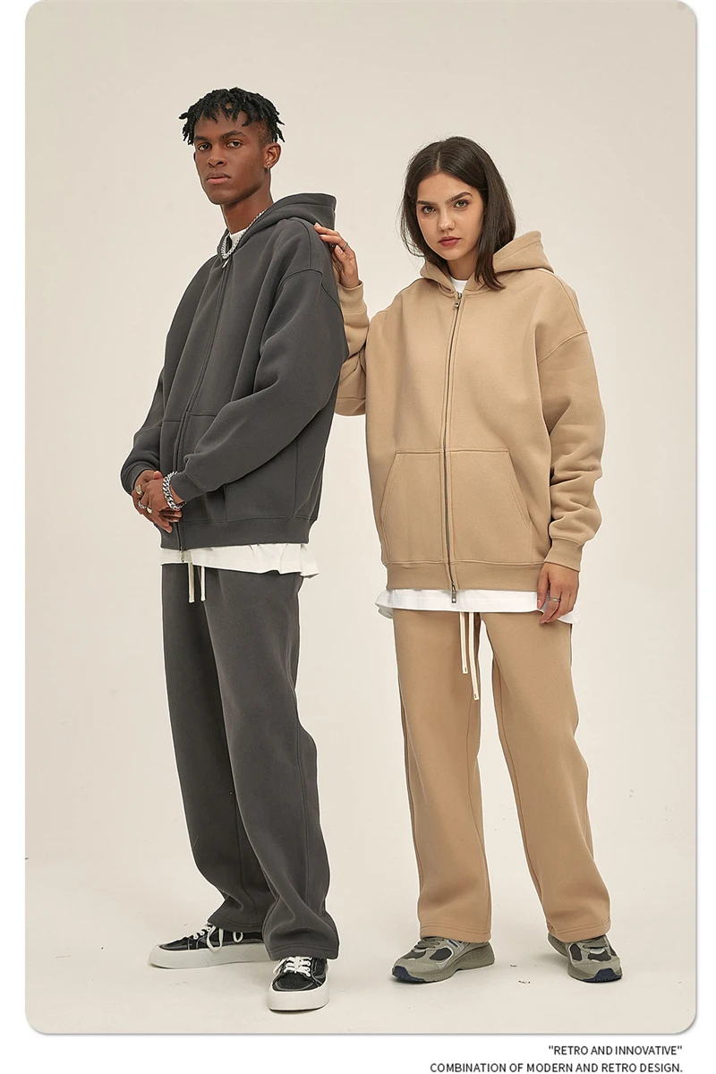 ZODF New Men Double Headed Zipper Fleece Hoodies Unisex Loose Basic Solid Warm Hooded Sweatshirts Coats For Winter HY0633