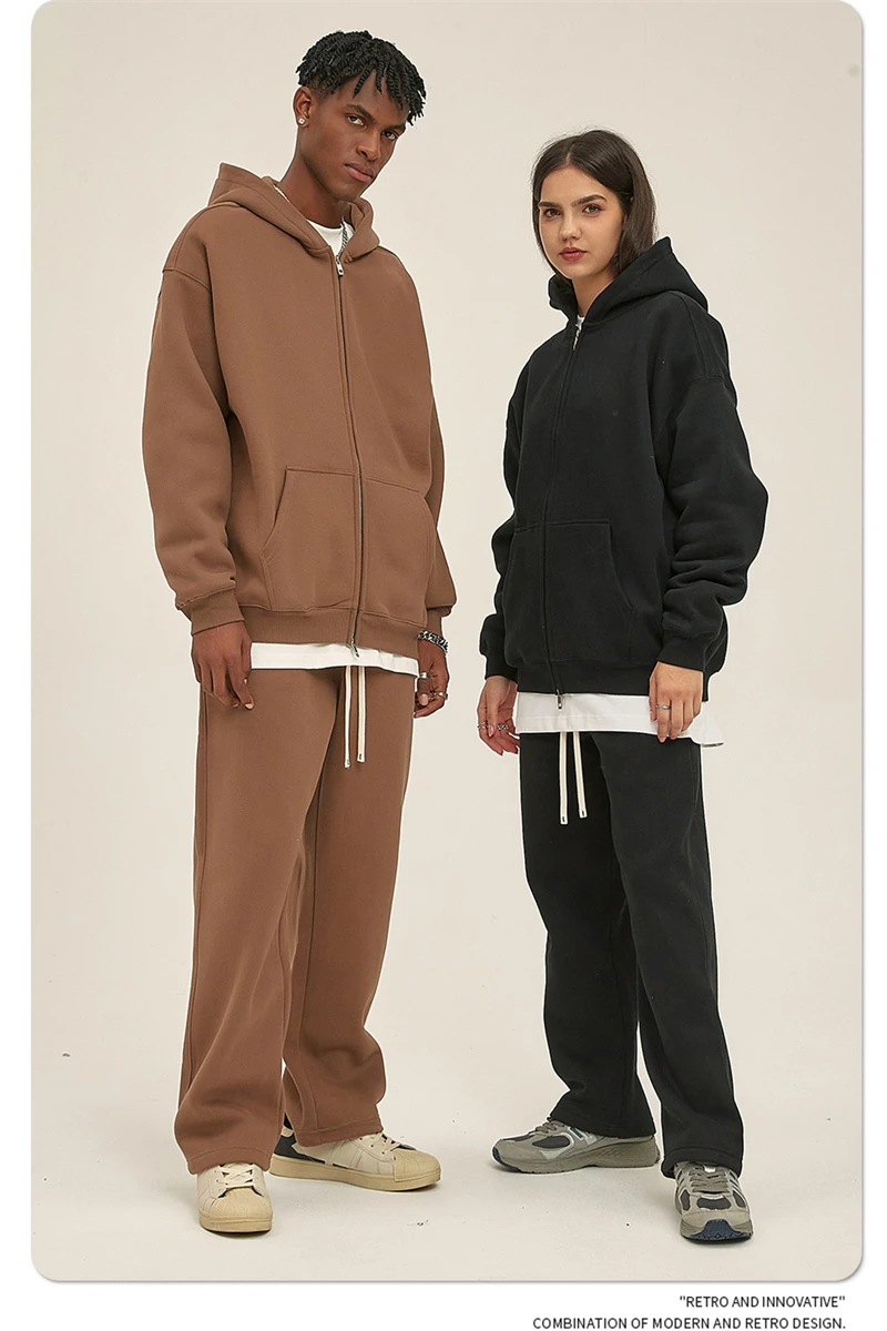 ZODF New Men Double Headed Zipper Fleece Hoodies Unisex Loose Basic Solid Warm Hooded Sweatshirts Coats For Winter HY0633