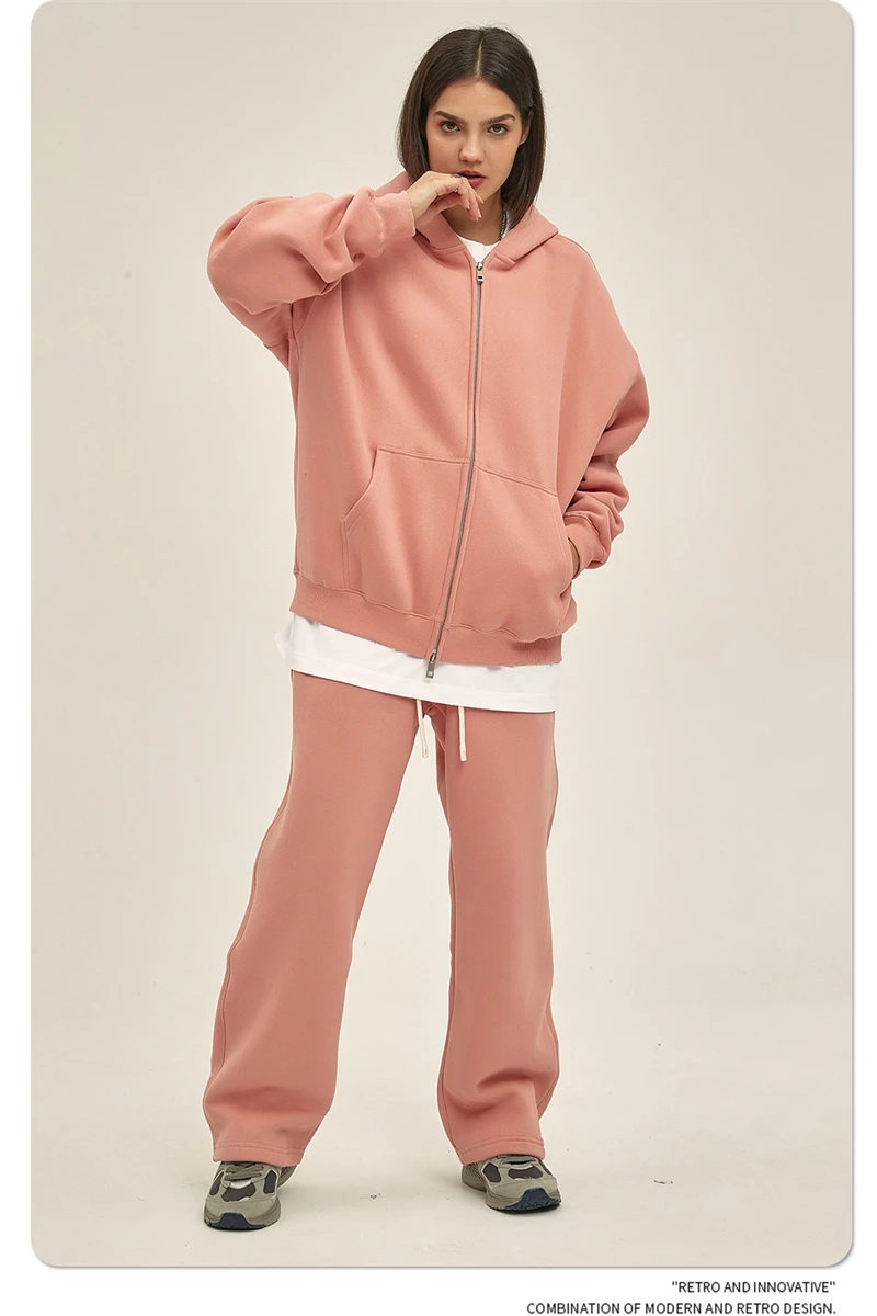 ZODF New Men Double Headed Zipper Fleece Hoodies Unisex Loose Basic Solid Warm Hooded Sweatshirts Coats For Winter HY0633