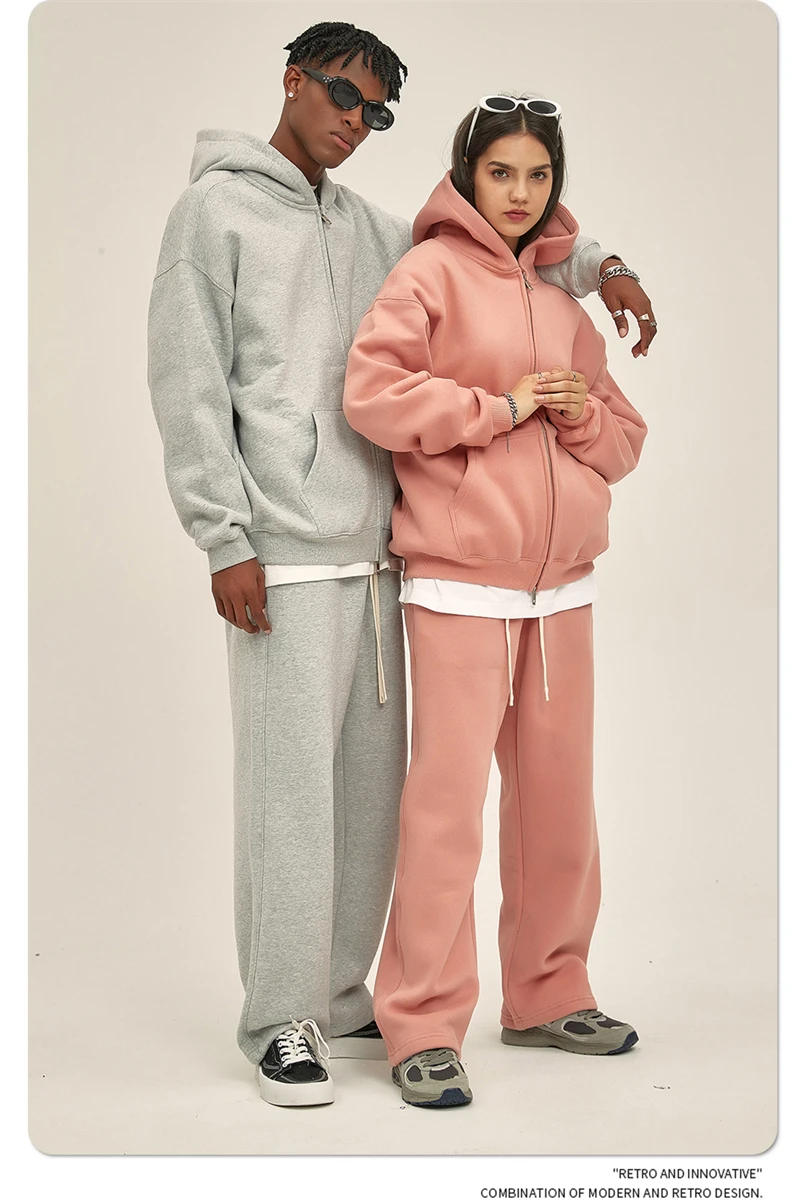 ZODF New Men Double Headed Zipper Fleece Hoodies Unisex Loose Basic Solid Warm Hooded Sweatshirts Coats For Winter HY0633