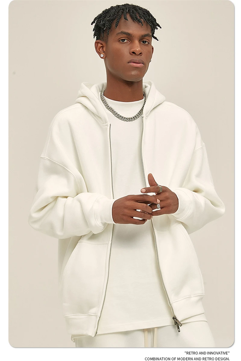 ZODF New Men Double Headed Zipper Fleece Hoodies Unisex Loose Basic Solid Warm Hooded Sweatshirts Coats For Winter HY0633
