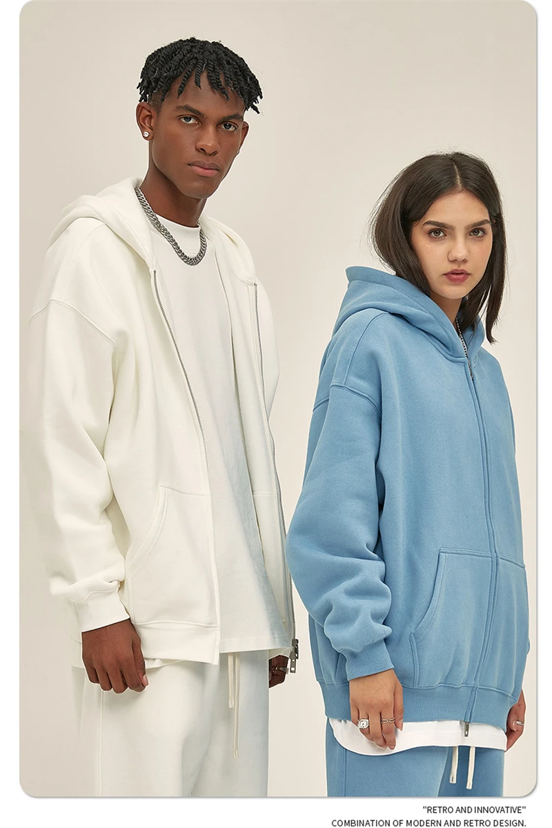 ZODF New Men Double Headed Zipper Fleece Hoodies Unisex Loose Basic Solid Warm Hooded Sweatshirts Coats For Winter HY0633