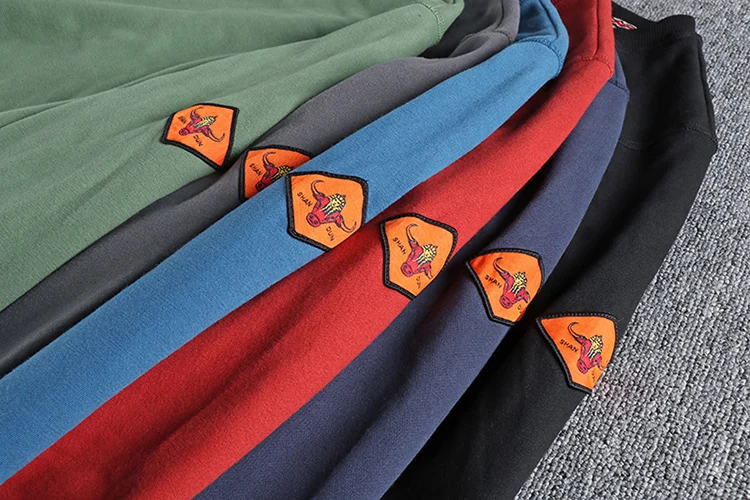 Spring American Retro Sleeve Applique Badge Sweatshirts Men's Fashion 100% Cotton Washed Hoodies Casual High Quality Pullovers