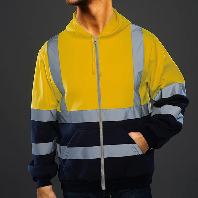 Men's-Reflective-Hooded-Sweatshirt-Winter-Fleece-Color-Block-Zipper-Jacket-Sanitation-Worker-Uniform-High-Visibility-Work-Clothe