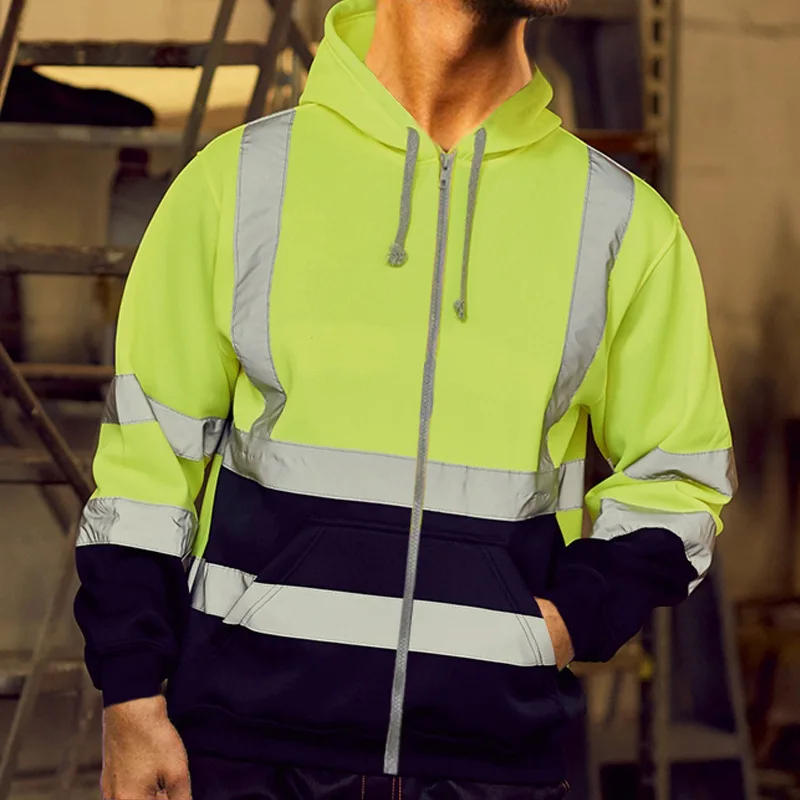 Men's-Reflective-Hooded-Sweatshirt-Winter-Fleece-Color-Block-Zipper-Jacket-Sanitation-Worker-Uniform-High-Visibility-Work-Clothe